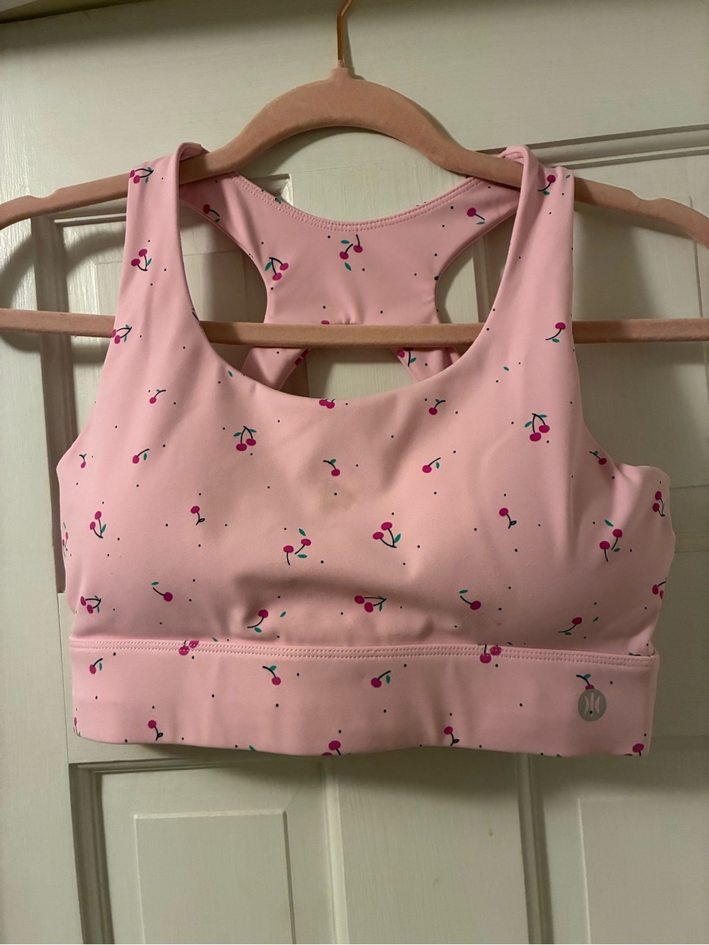 Cherry print Pink Sports Bra - Women’s activewear - Picture 2 of 4